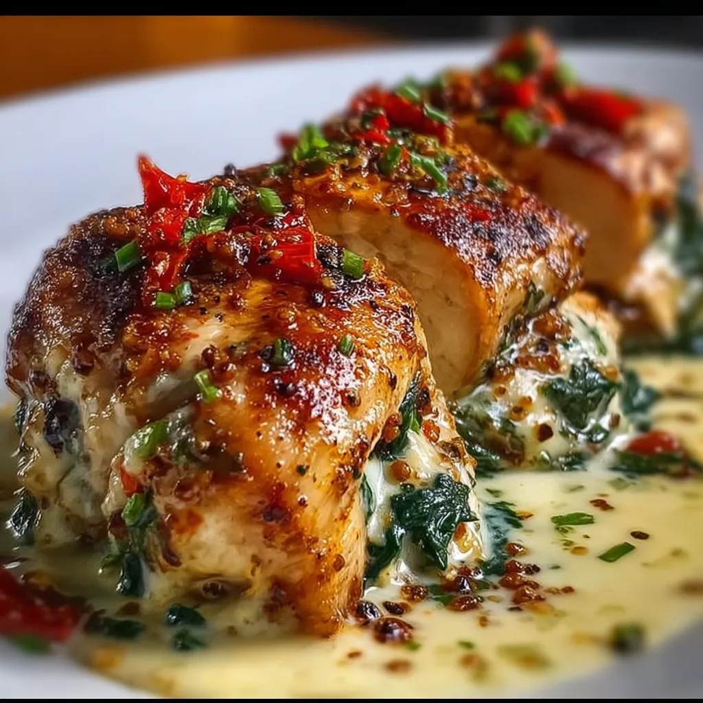 Chicken with Roasted Peppers, Spinach, and Cheese Filling