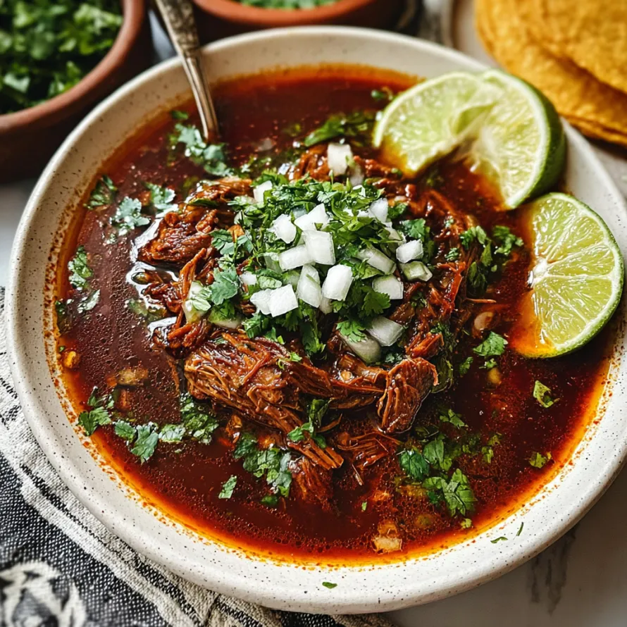 A bowl of beef stew with limes and green onions.