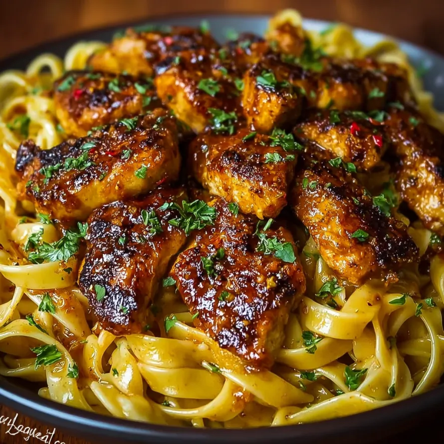 A bowl of spicy Cajun honey butter chicken and pasta.
