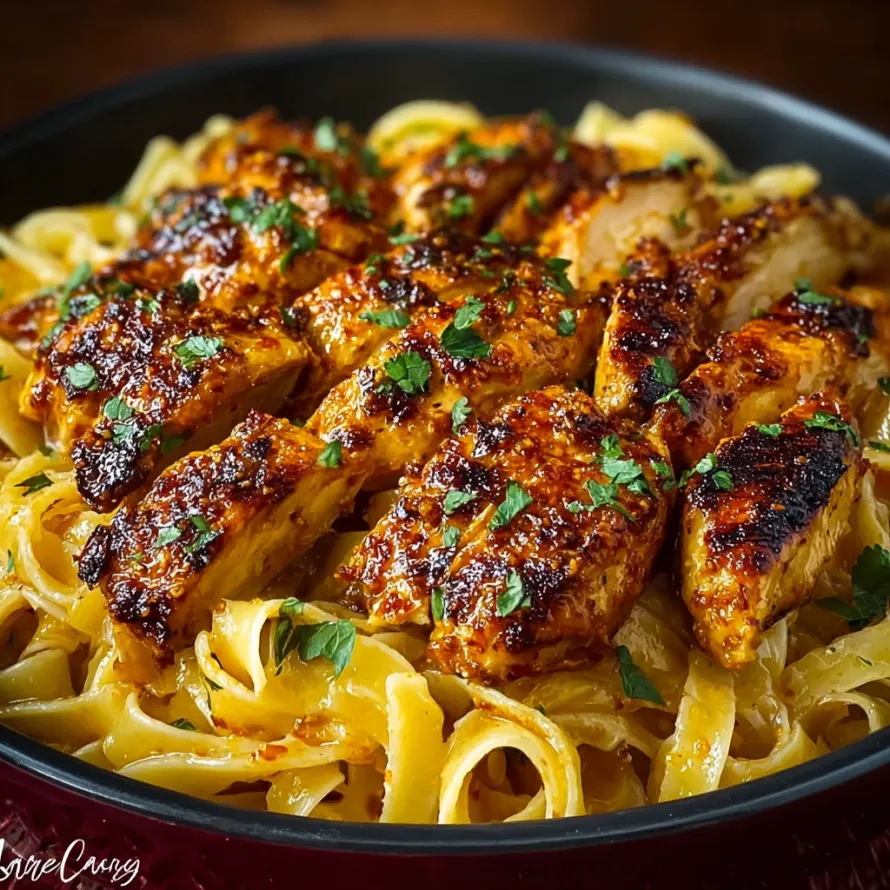 A plate of spicy Cajun honey butter chicken and pasta.