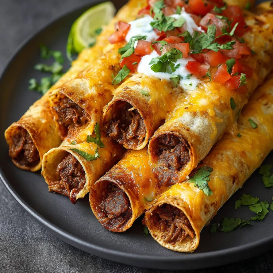 A plate of beef taquitos with tomatoes and cheese.