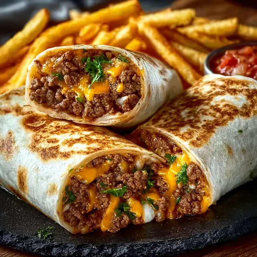A plate of cheesy beef burritos with fries.