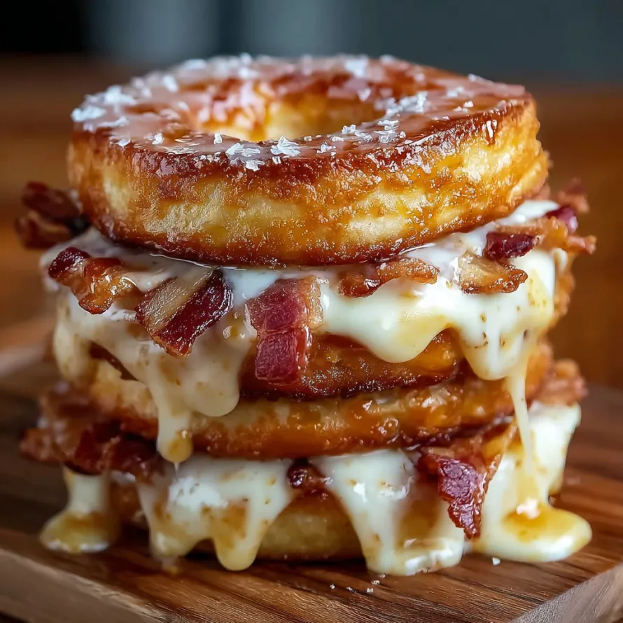 A stack of donuts with bacon and maple toppings.