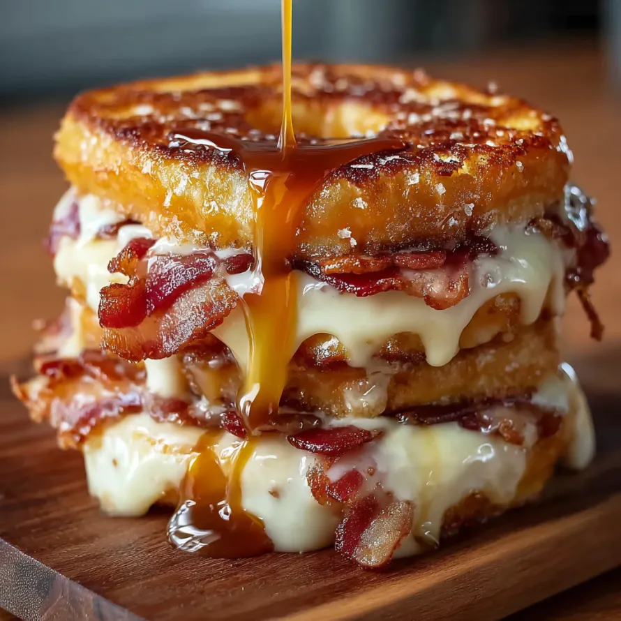 A stack of grilled cheese sandwiches with bacon and maple syrup.