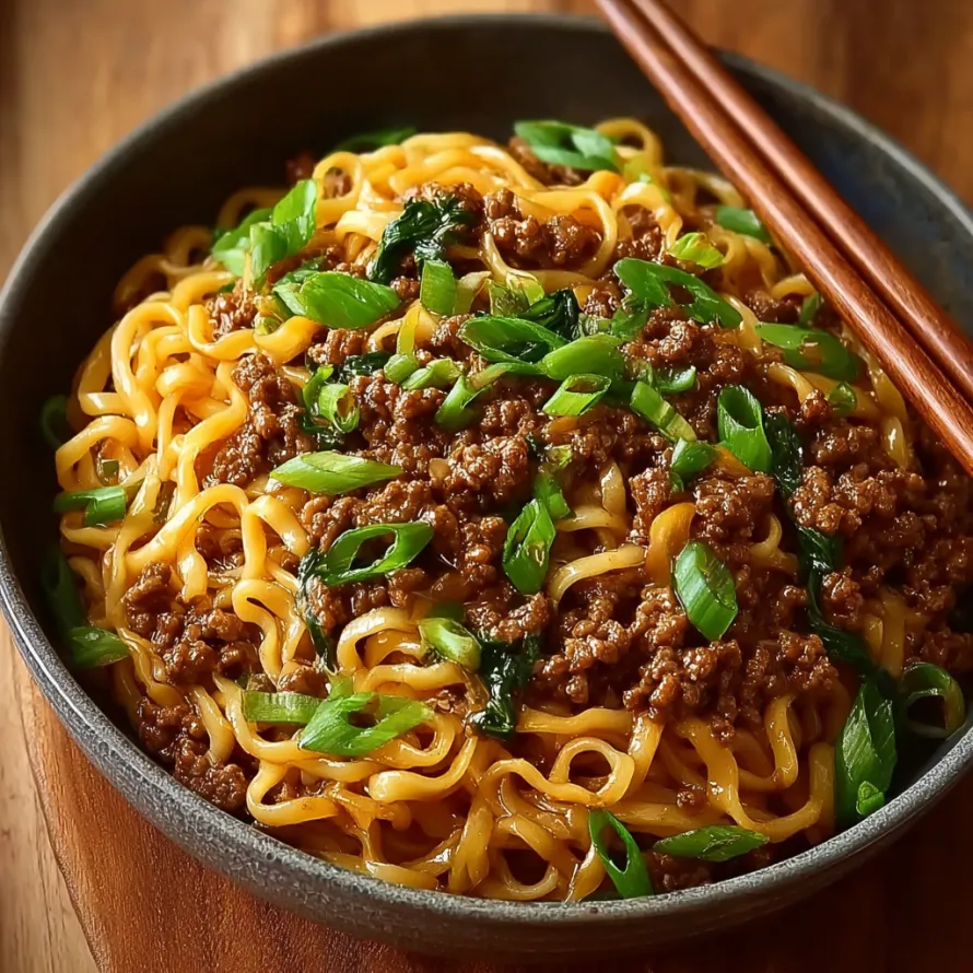 A bowl of noodles with meat and vegetables.