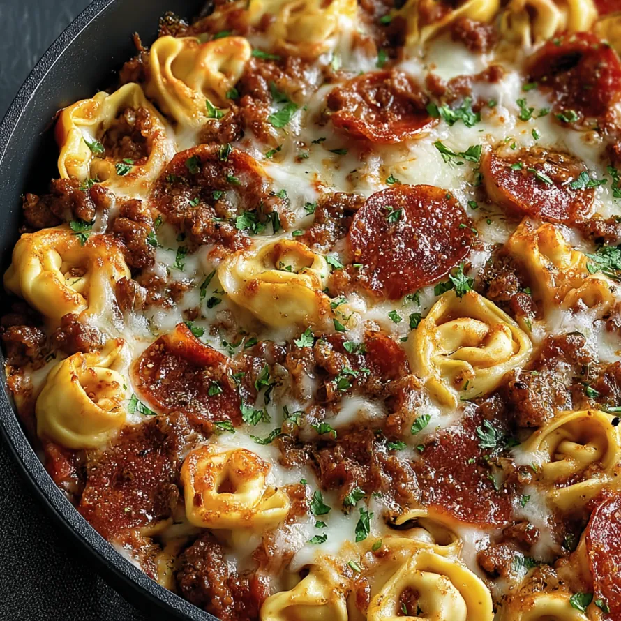A close up of a meat lovers pizza tortellini.