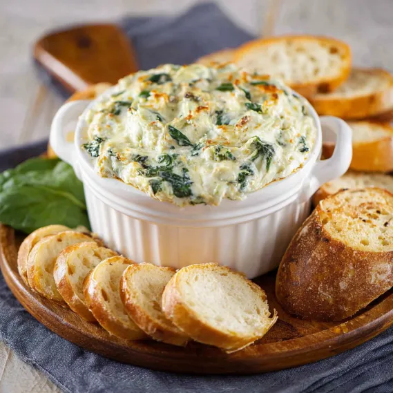 A white bowl filled with spinach artichoke dip.