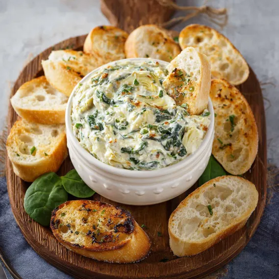 A white bowl filled with spinach artichoke dip.