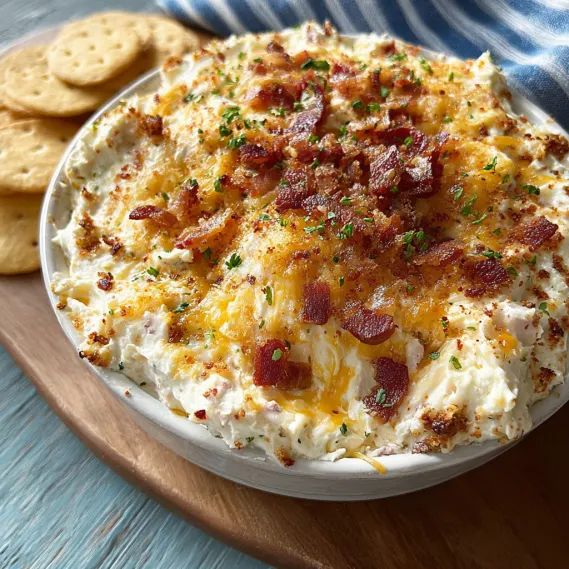 A bowl of Million Dollar Boat Dip with bacon bits.