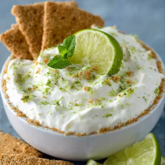 A bowl of lime cheesecake dip with a lime wedge on top.