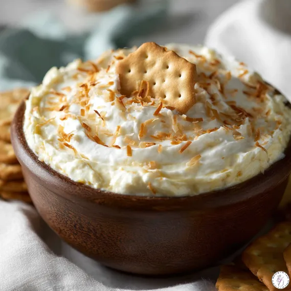 A bowl of coconut cream pie dip with crackers.