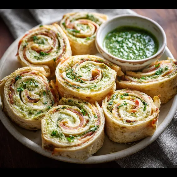 A plate of turkey pesto tortilla pinwheels.