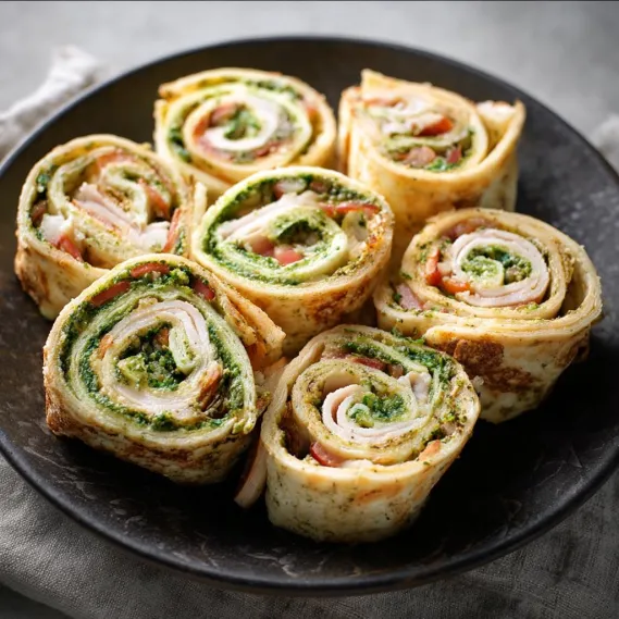 A plate of turkey pesto tortilla pinwheels.