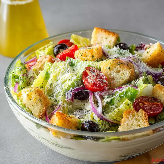 A salad with bread, olives, tomatoes, and cheese.