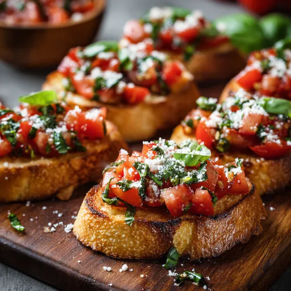 A wooden cutting board with a variety of bruschetta toppings.