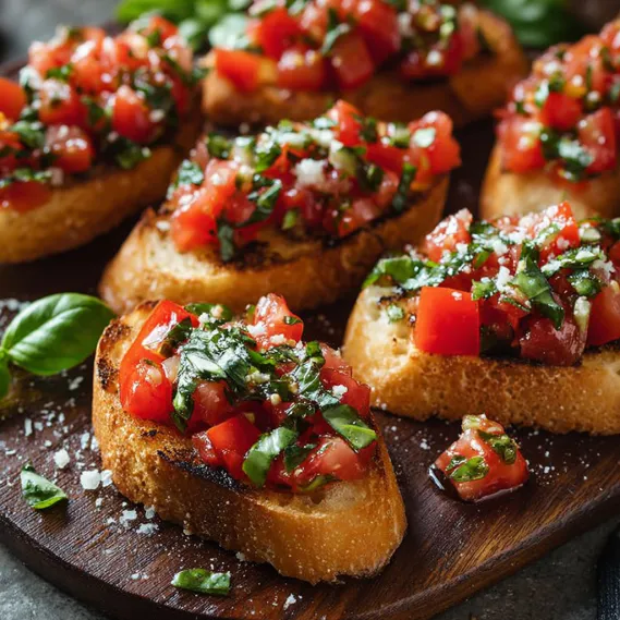 A plate of bread with tomatoes and basil on it.