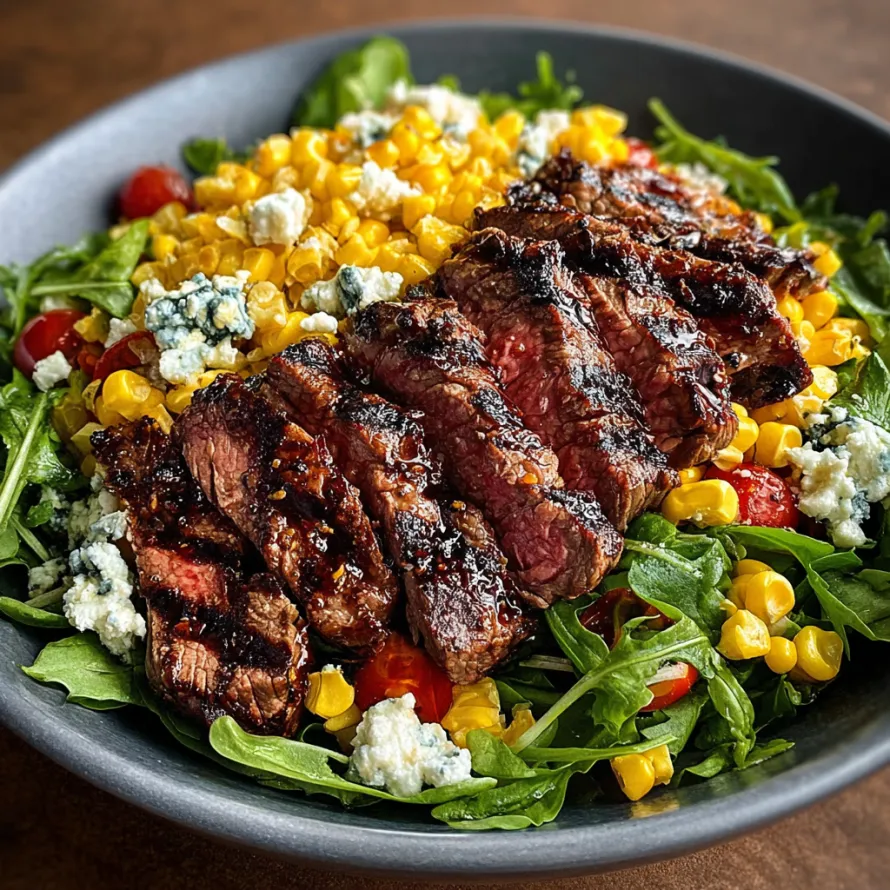 A bowl of grilled steak salad with gorgonzola and corn.