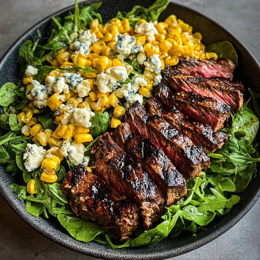 A grilled steak salad with corn and gorgonzola.