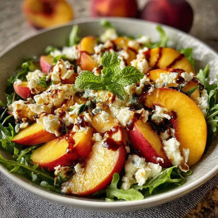 A bowl of salad with peaches and feta cheese.