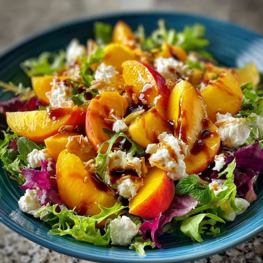 A plate of food with a salad and peaches.