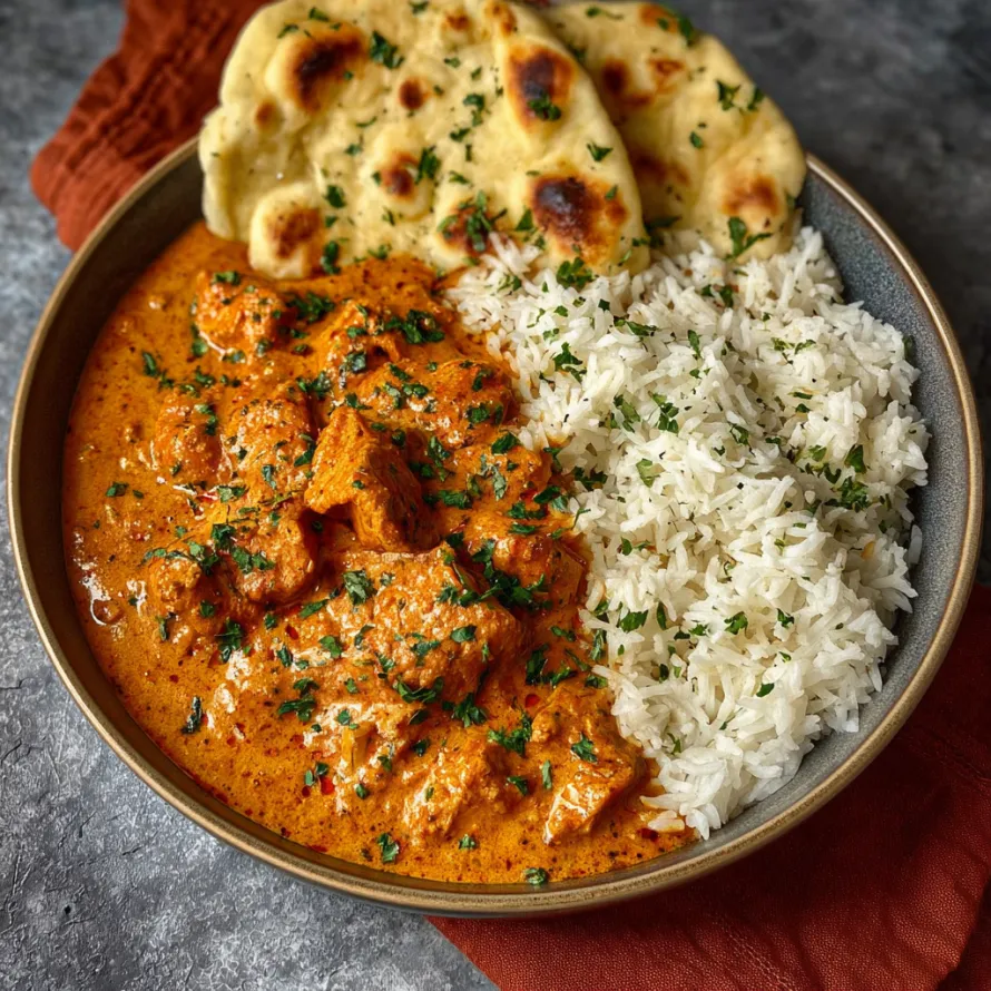 A bowl of butter chicken with rice and naan.