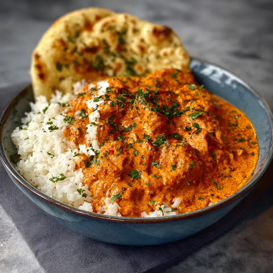 A bowl of butter chicken with rice.
