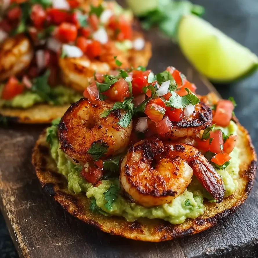 Grilled Shrimp Tostadas with Guacamole & Pico de Gallo.