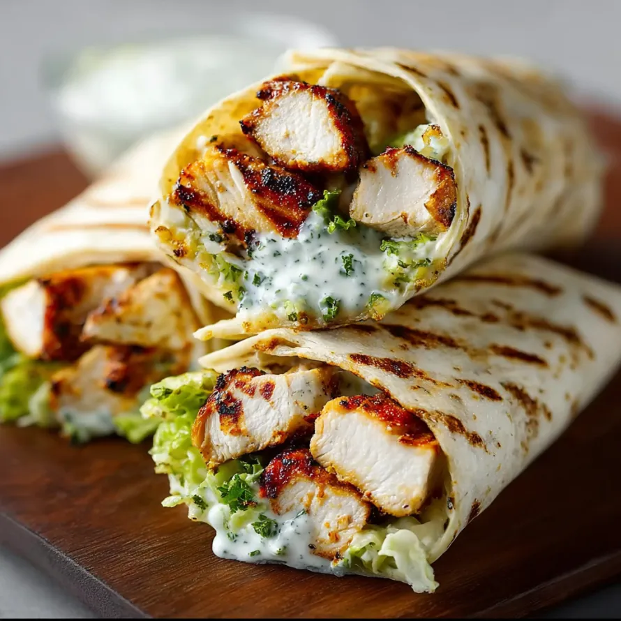 A delicious grilled chicken wrap with lettuce and sauce.