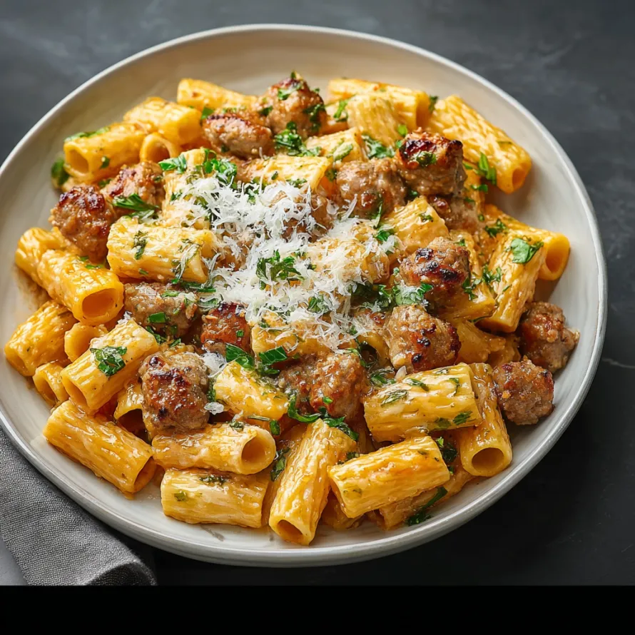 A plate of rigatoni with sausage and cheese.