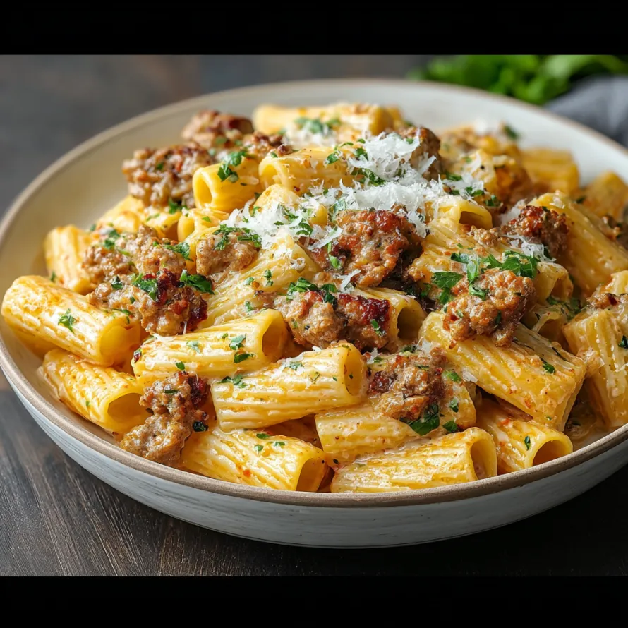 A bowl of creamy sausage rigatoni.