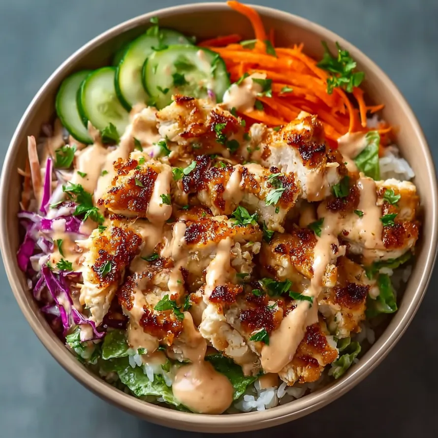 A bowl of food with chicken, rice, and vegetables.
