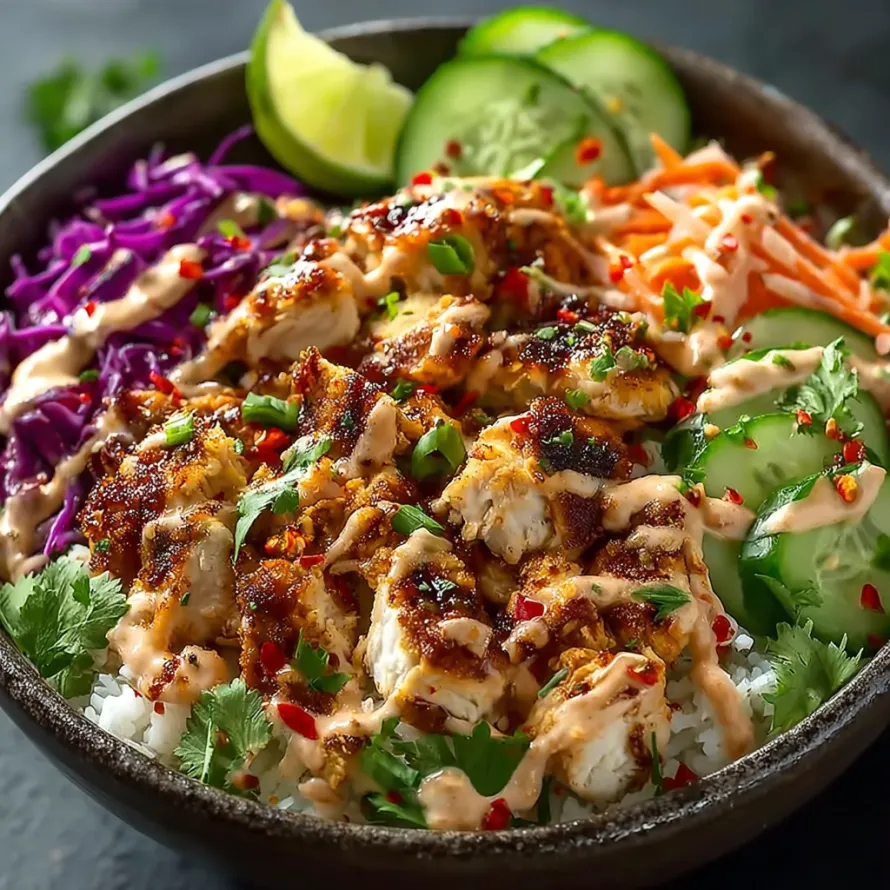 A bowl of food with chicken, rice, and vegetables.