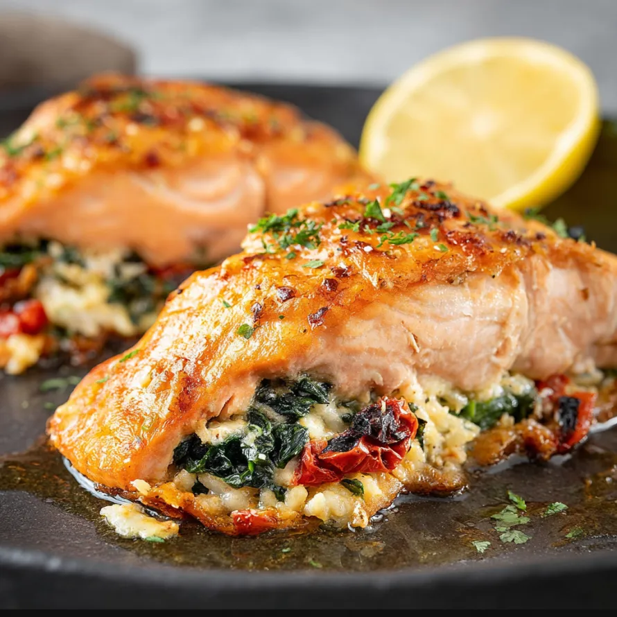 A piece of salmon with a lemon wedge on top.