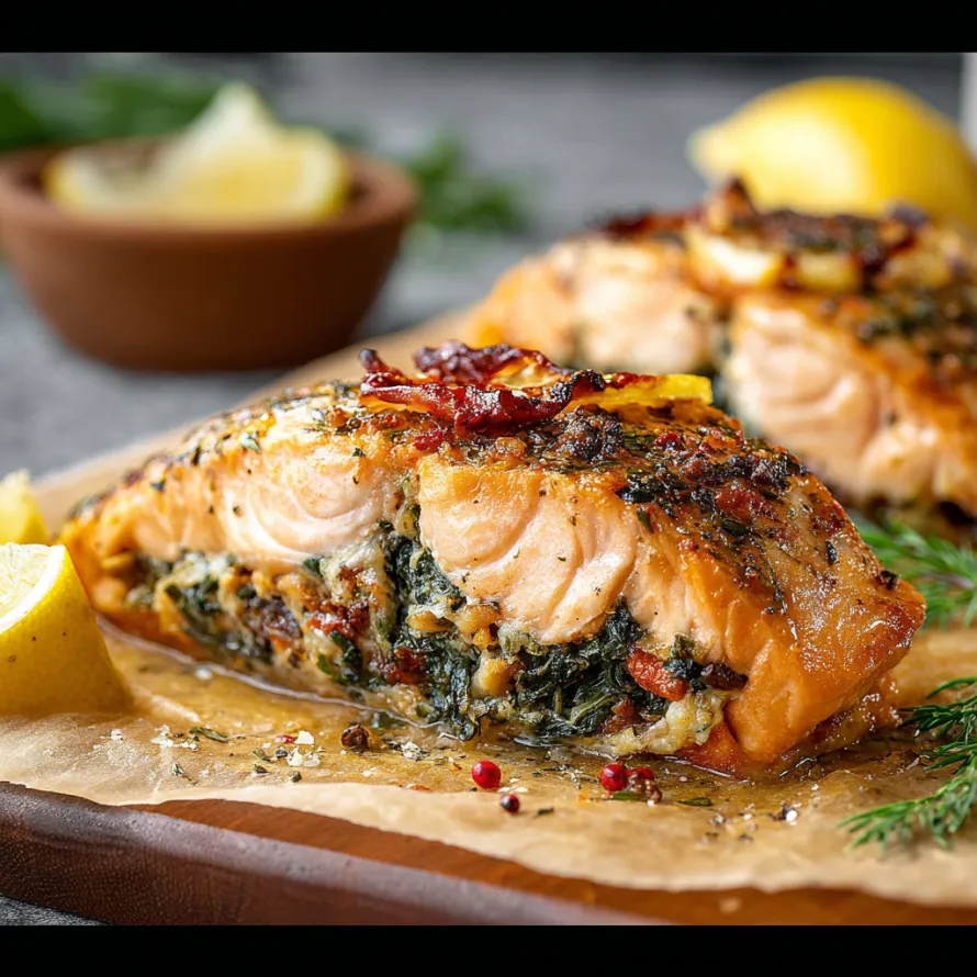 A piece of cooked salmon with a lemon wedge on the side.