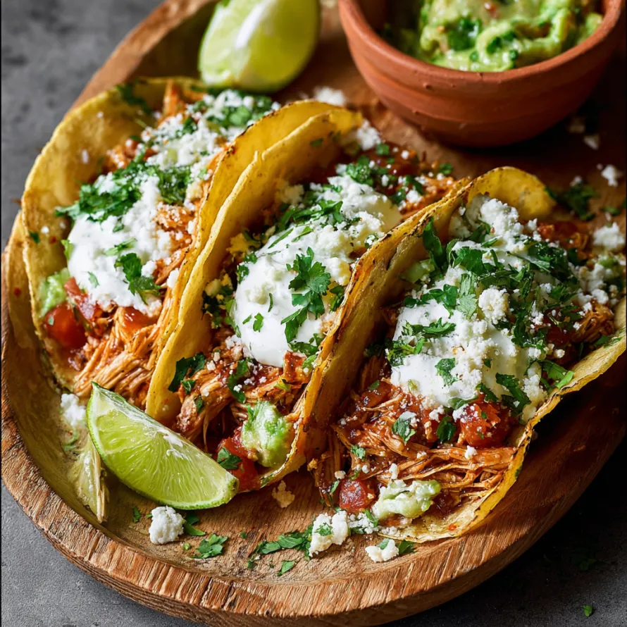 A plate of chicken tacos with sour cream and guacamole.