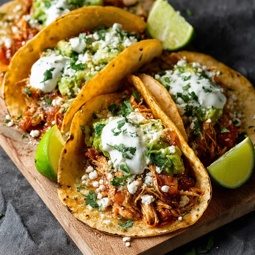 A plate of chicken tacos with white sauce and lime wedges.