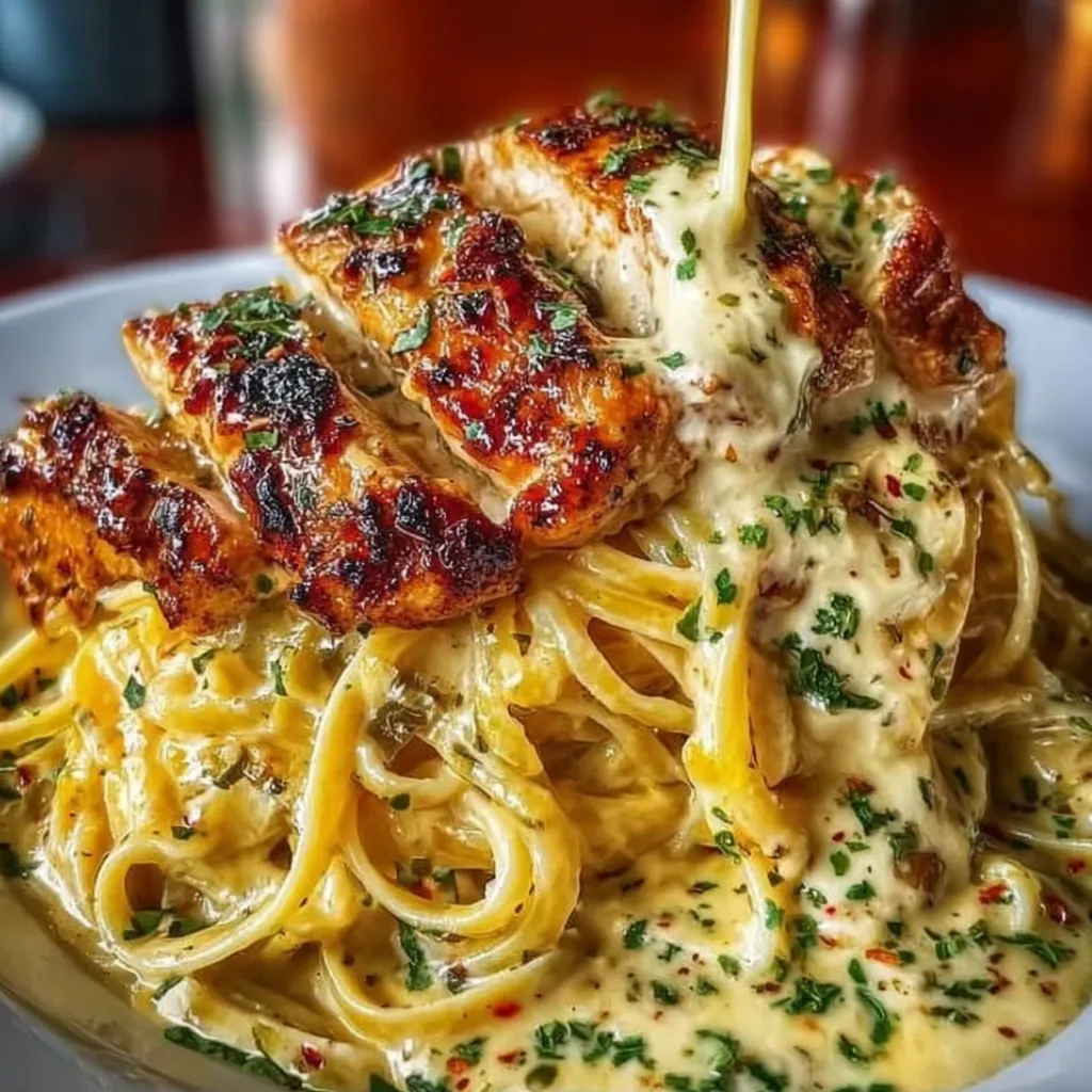 A plate of Creamy Cajun Chicken Linguine with Garlic Mozzarella Sauce.