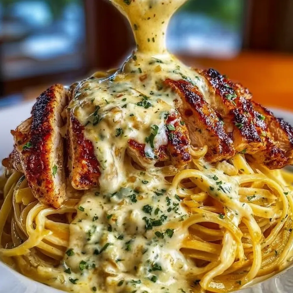 A plate of food with a creamy cajun chicken linguine with garlic mozzarella sauce.