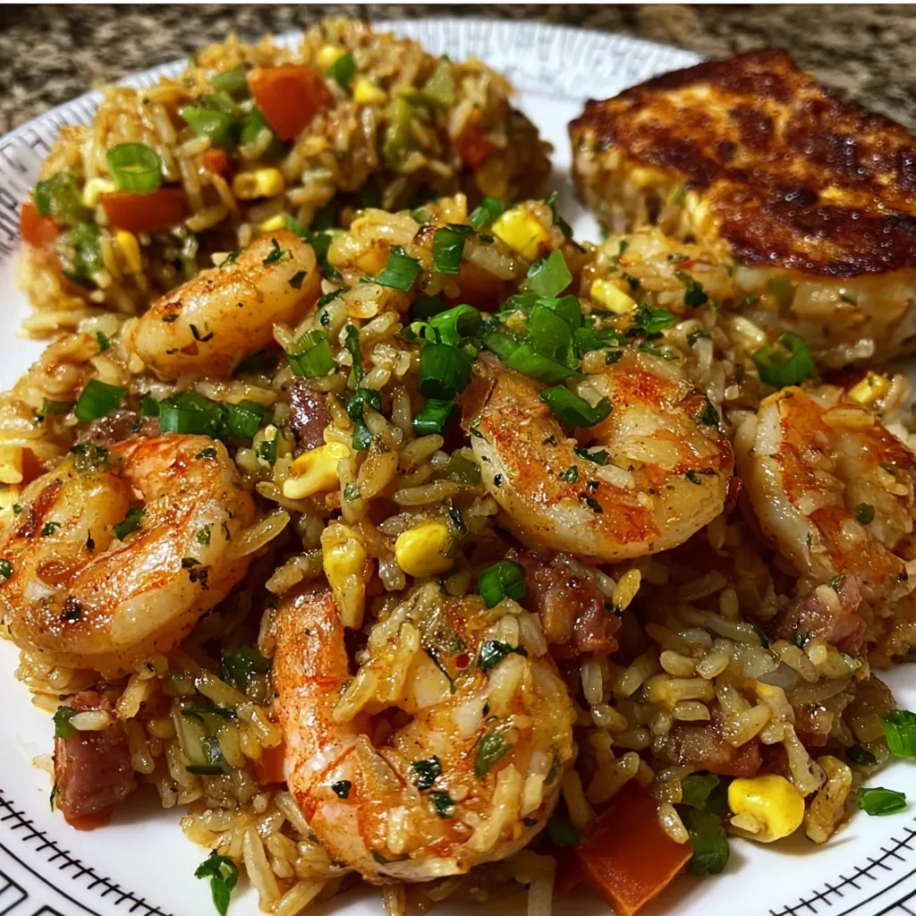 A plate of shrimp and rice.