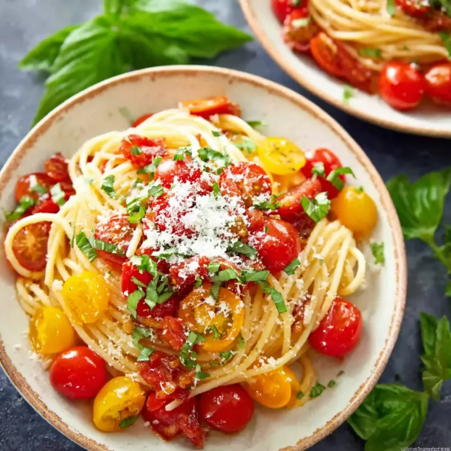 A bowl of spaghetti with tomatoes and basil.
