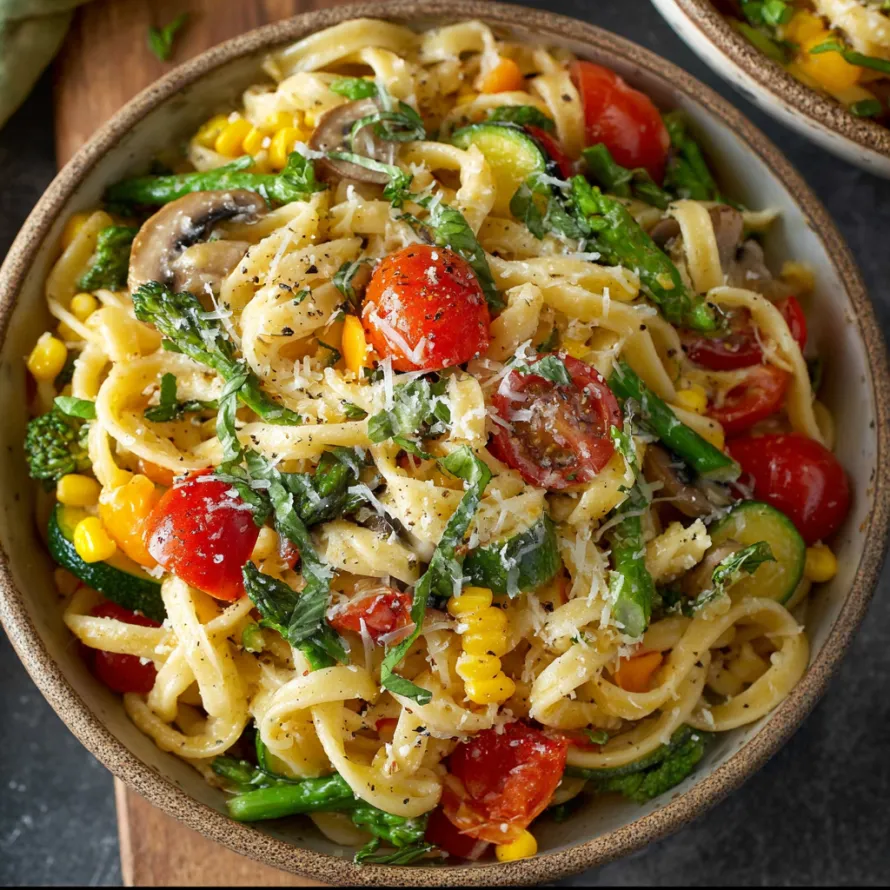 A bowl of pasta primavera with tomatoes, corn, mushrooms, and spinach.