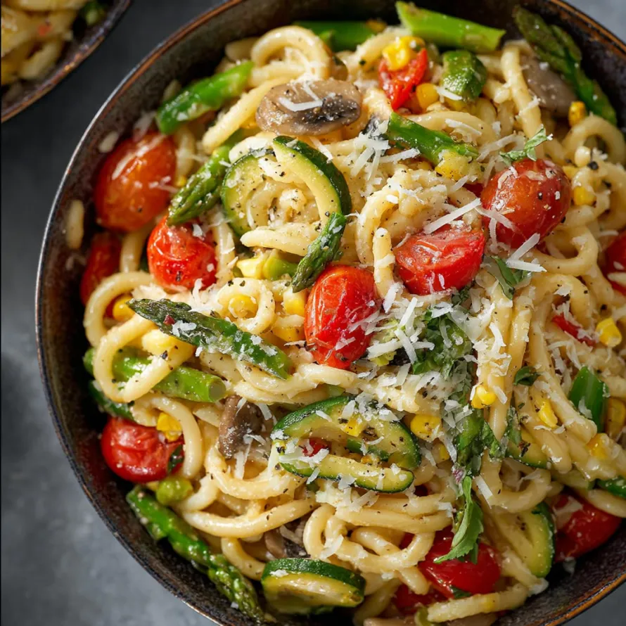A bowl of pasta primavera with tomatoes, corn, zucchini, and mushrooms.