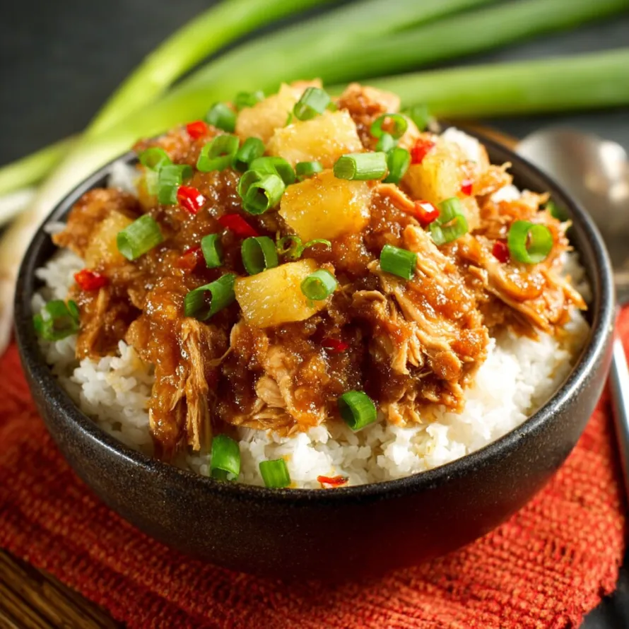 A bowl of rice with chicken and pineapple.