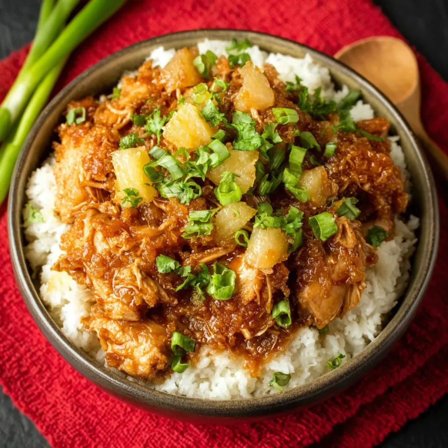 A bowl of rice with chicken and pineapple.