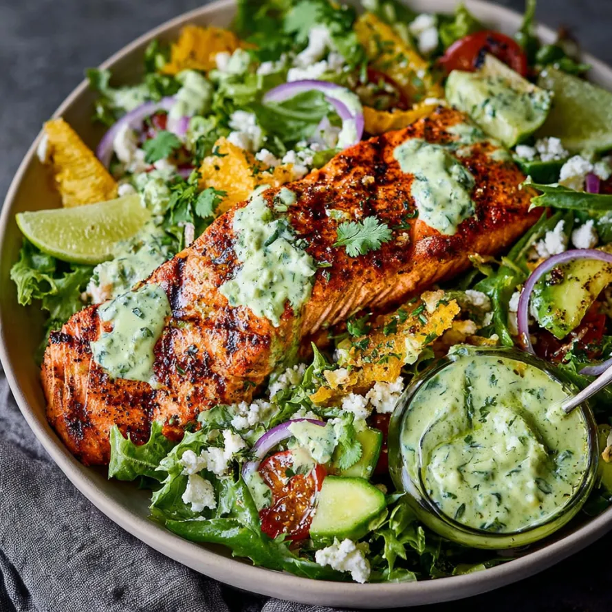 A plate of grilled salmon salad with cilantro lime dressing.