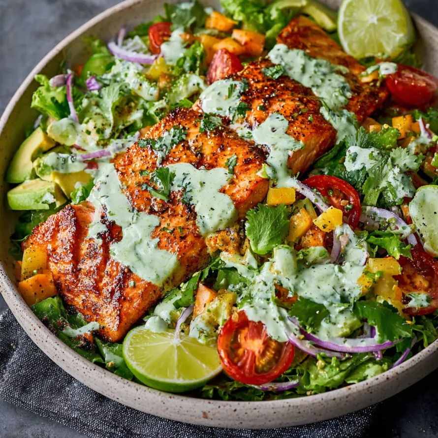A bowl of grilled salmon salad with creamy cilantro lime dressing.