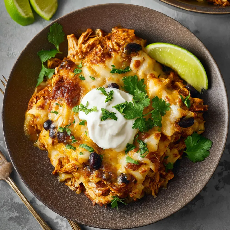 A plate of chicken enchiladas casserole with a dollop of sour cream on top.