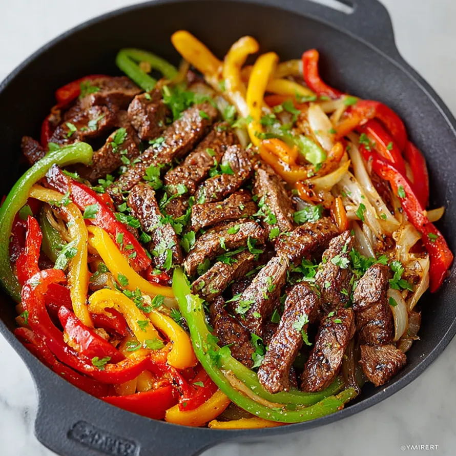 A skillet with a variety of vegetables and meat.