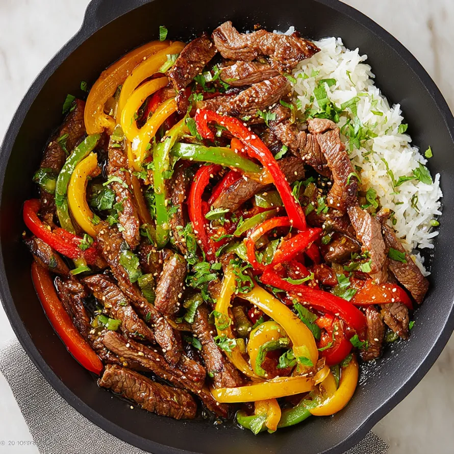 A close up of a skillet with pepper steak and rice.