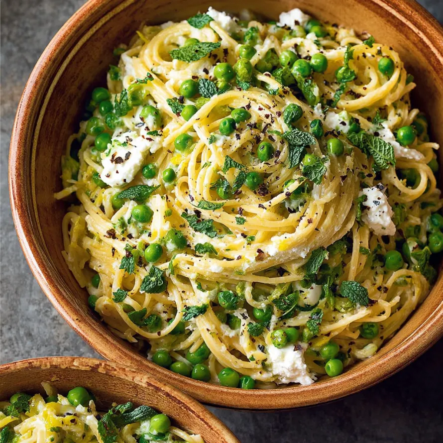 A bowl of spaghetti with goat cheese, mint, and peas.